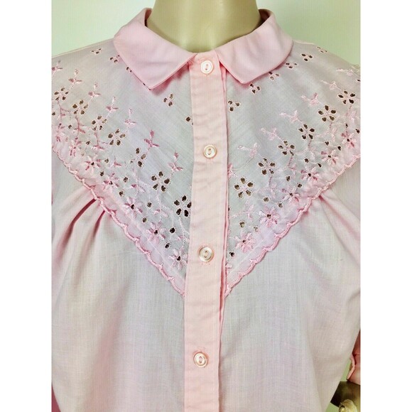 Vintage 60s 70s Pleated Pink Eyelet Yoke Prairie Cottagecore Boho Western Blouse - Picture 8 of 9